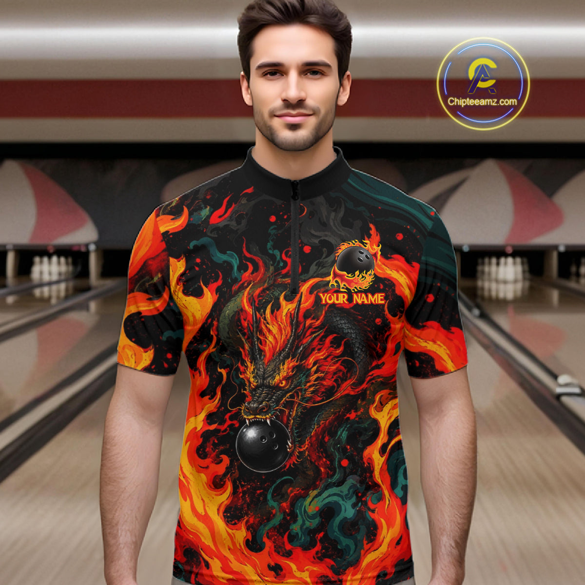 Dragon Bowling Polo Shirt Custom Name Team Fire Dragon Quarter Zip Jersey For Men NHT1348
