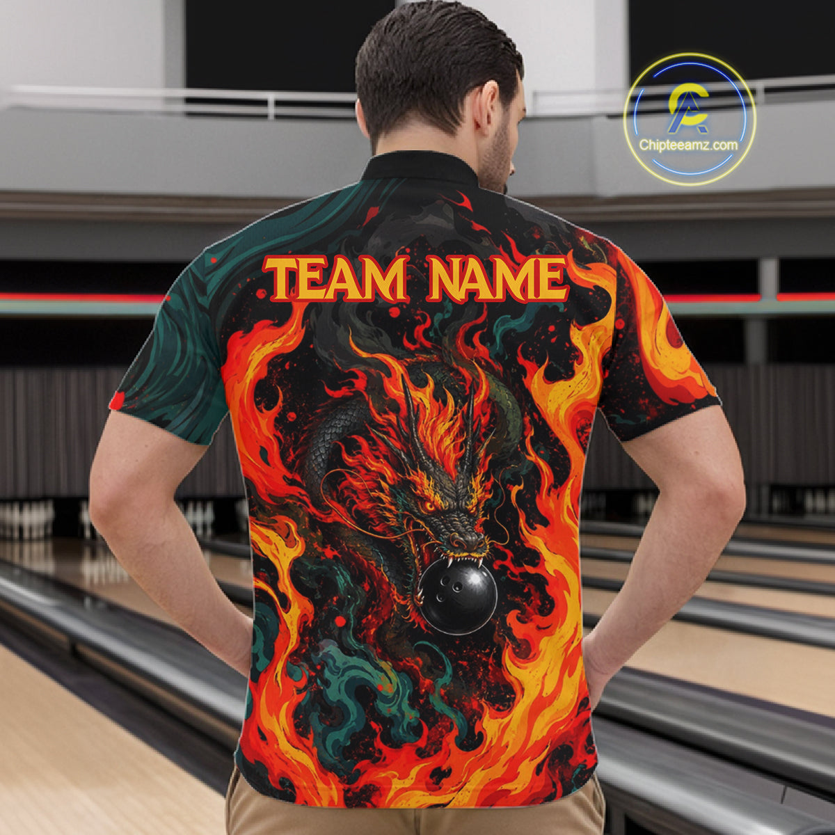 Dragon Bowling Polo Shirt Custom Name Team Fire Dragon Quarter Zip Jersey For Men NHT1348