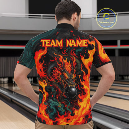 Dragon Bowling Polo Shirt Custom Name Team Fire Dragon Quarter Zip Jersey For Men NHT1348