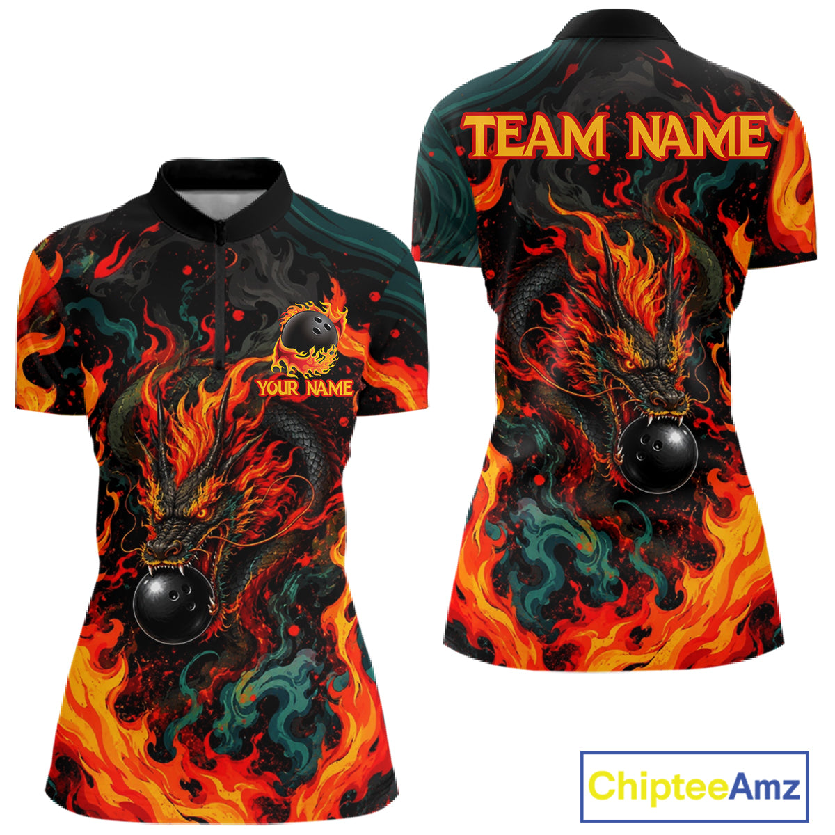 Dragon Bowling Polo Shirt Custom Name Team Fire Dragon Quarter Zip Jersey For Women NHT1348