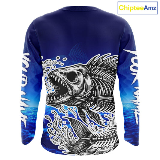 Personalized Fishing Fish Skeleton Fishing Shirts Long Sleeve, Ocean Wave Fishing Jersey NHT1353