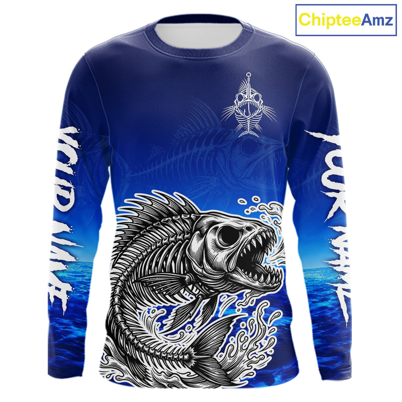 Personalized Fishing Fish Skeleton Fishing Shirts Long Sleeve, Ocean Wave Fishing Jersey NHT1353