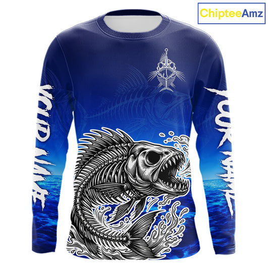 Personalized Fishing Fish Skeleton Fishing Shirts Long Sleeve, Ocean Wave Fishing Jersey NHT1353