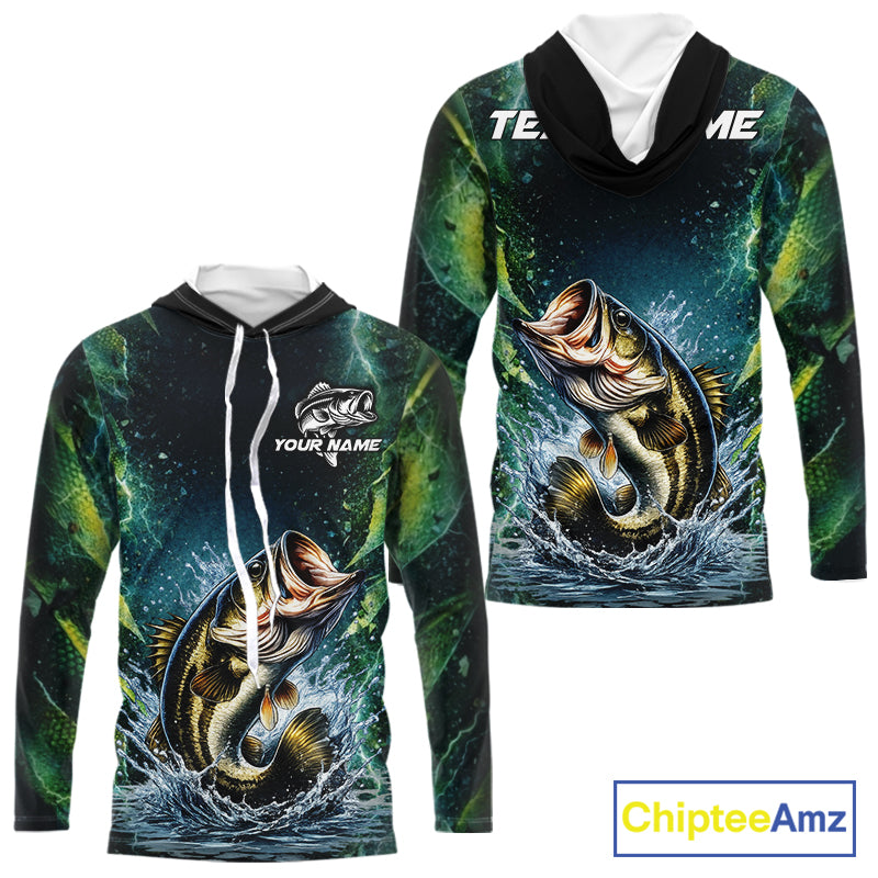 Largemouth Bass Fishing Black Green Camo Custom Name Fishing Shirts Jerseys  NHT456