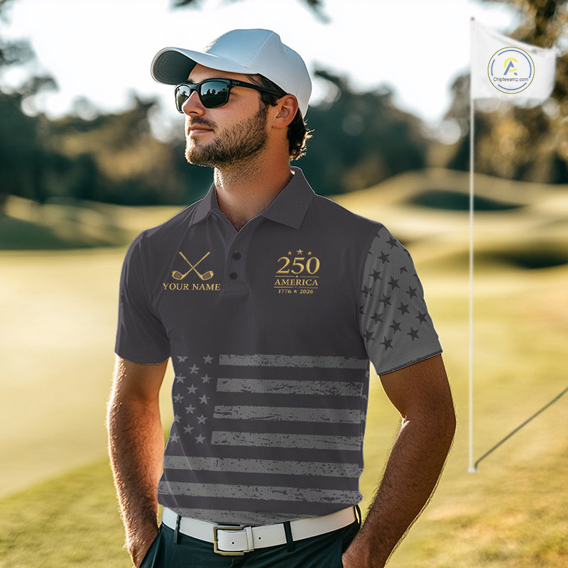 Black & Gold American Flag Mens Golf Polo Shirts, Golf Gifts For Team NHT887