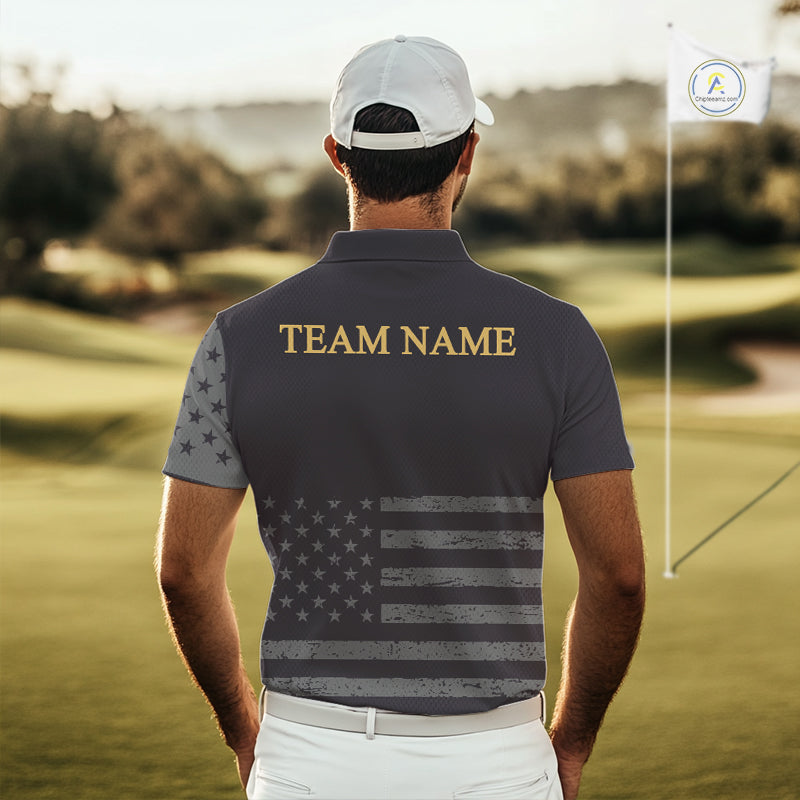 Black & Gold American Flag Mens Golf Polo Shirts, Golf Gifts For Team NHT887