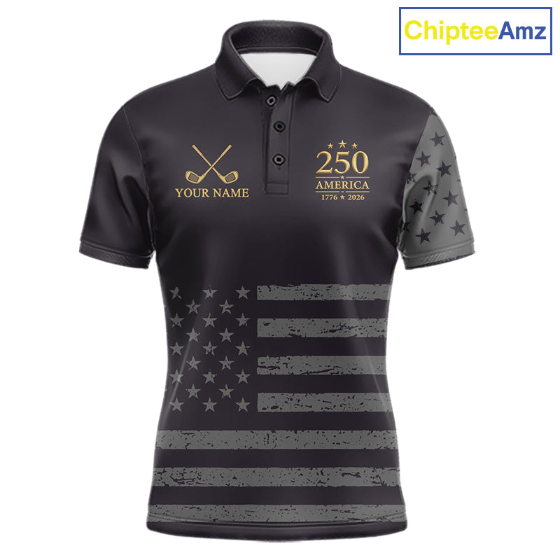 Black & Gold American Flag Mens Golf Polo Shirts, Golf Gifts For Team NHT887