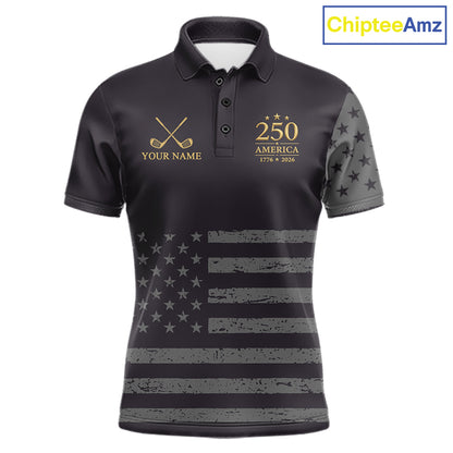 Black & Gold American Flag Mens Golf Polo Shirts, Golf Gifts For Team NHT887