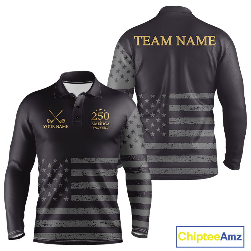 Black & Gold American Flag Mens Golf Polo Shirts, Golf Gifts For Team NHT887