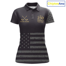 Load image into Gallery viewer, Black &amp; Gold American Flag Womens Golf Polo Shirts, Golf Gifts For Team NHT887