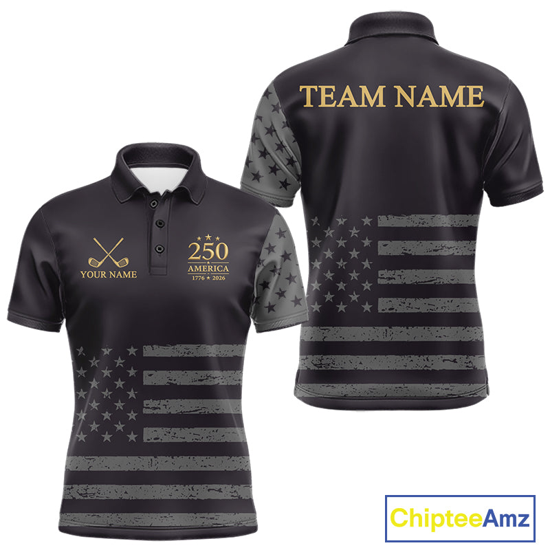 Black & Gold American Flag Mens Golf Polo Shirts, Golf Gifts For Team NHT887
