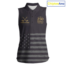 Load image into Gallery viewer, Black &amp; Gold American Flag Sleeveless Womens Golf Polo Shirts, Golf Gifts For Team NHT887