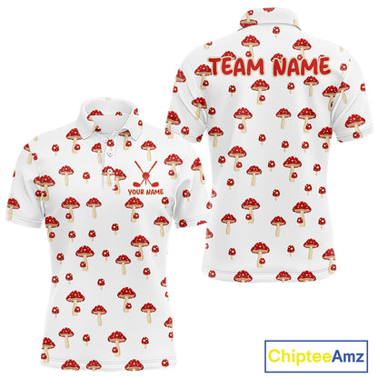 Funny Mushroom Mens Golf Polo Shirt, Personalized Mushroom Red White Pattern Golf Jersey NHT888