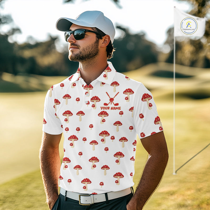 Funny Mushroom Mens Golf Polo Shirt, Personalized Mushroom Red White Pattern Golf Jersey NHT888