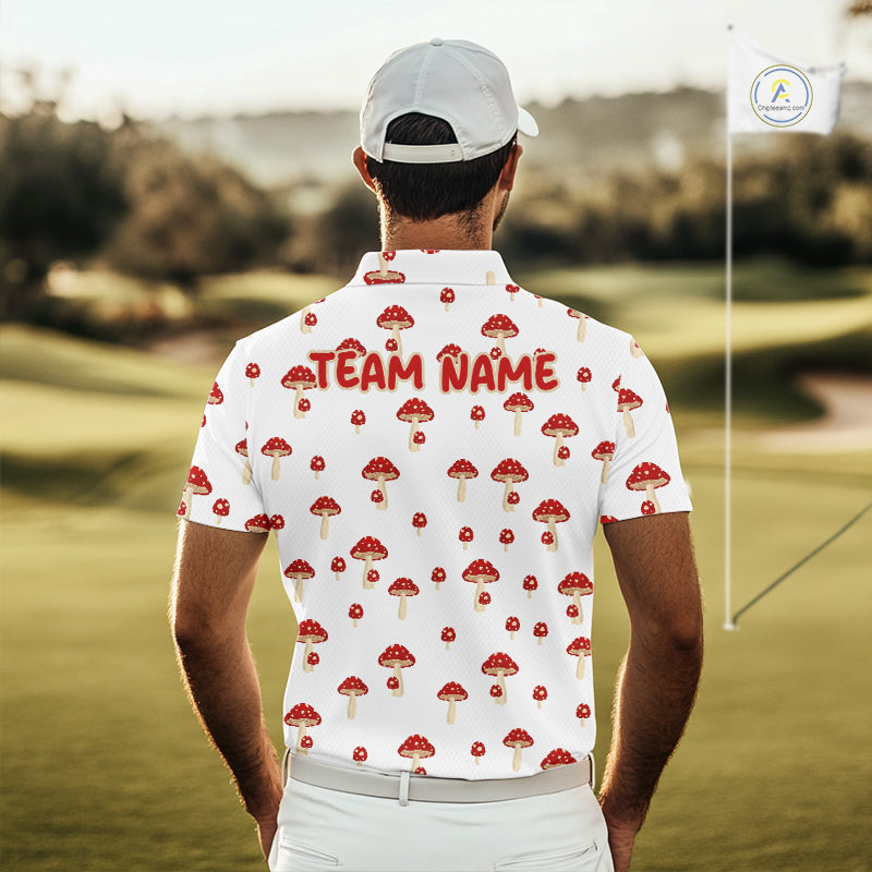 Funny Mushroom Mens Golf Polo Shirt, Personalized Mushroom Red White Pattern Golf Jersey NHT888