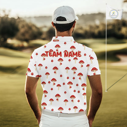 Funny Mushroom Mens Golf Polo Shirt, Personalized Mushroom Red White Pattern Golf Jersey NHT888