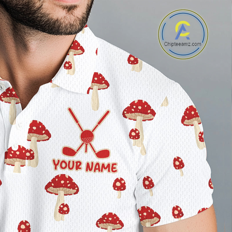 Funny Mushroom Mens Golf Polo Shirt, Personalized Mushroom Red White Pattern Golf Jersey NHT888