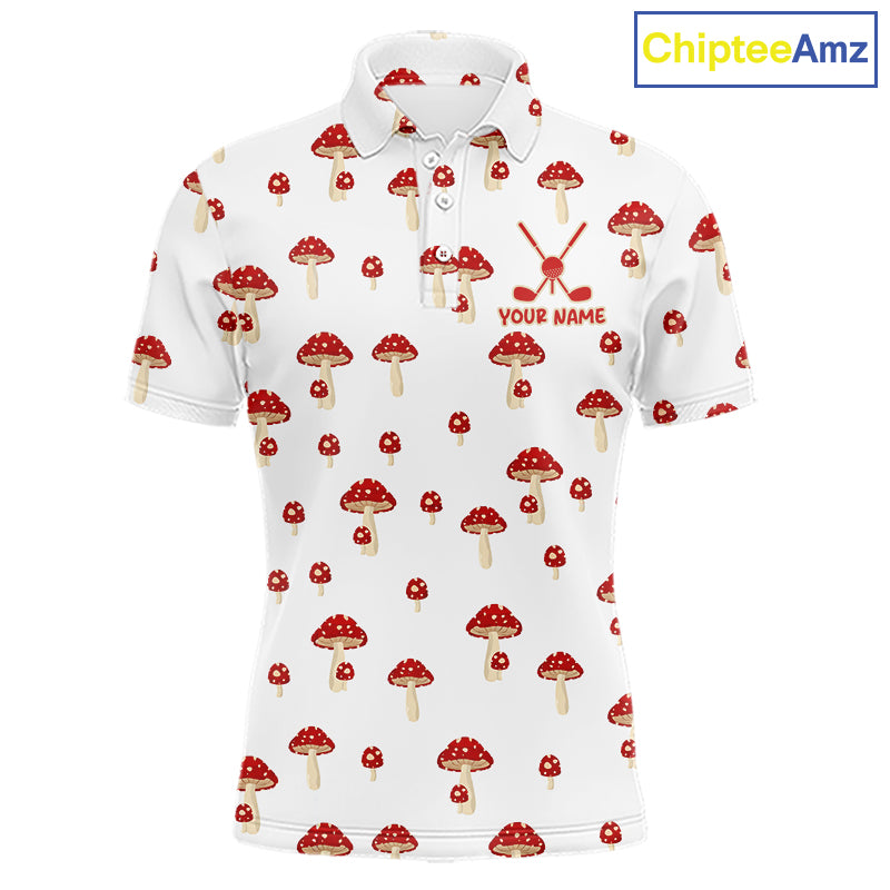 Funny Mushroom Mens Golf Polo Shirt, Personalized Mushroom Red White Pattern Golf Jersey NHT888