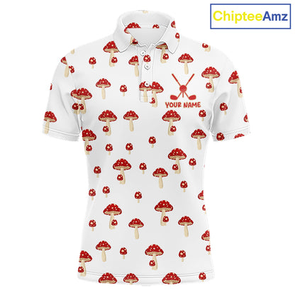 Funny Mushroom Mens Golf Polo Shirt, Personalized Mushroom Red White Pattern Golf Jersey NHT888