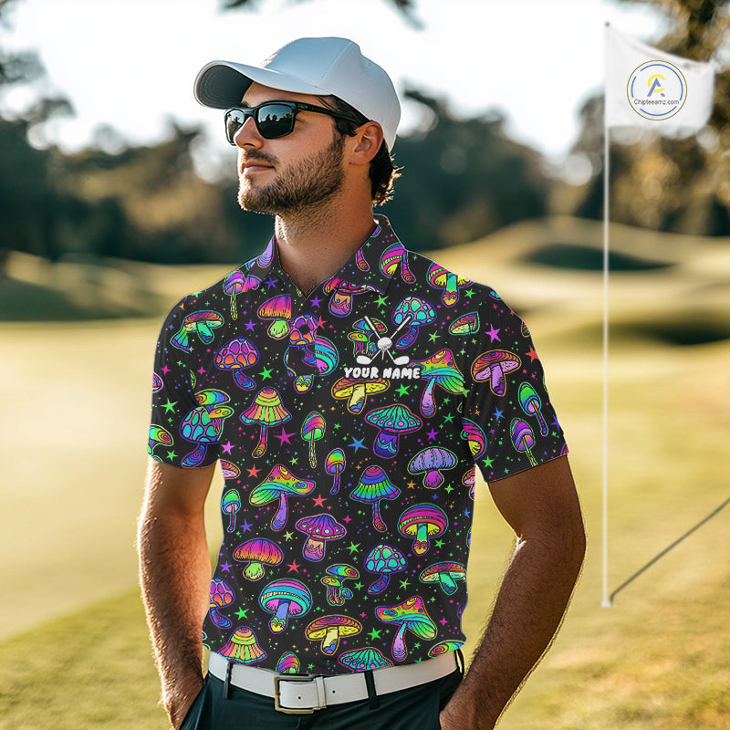 Funny Neon Mushroom Pattern Mens Golf Polo Shirt – Custom Name, Team Name For Golfer NHT889
