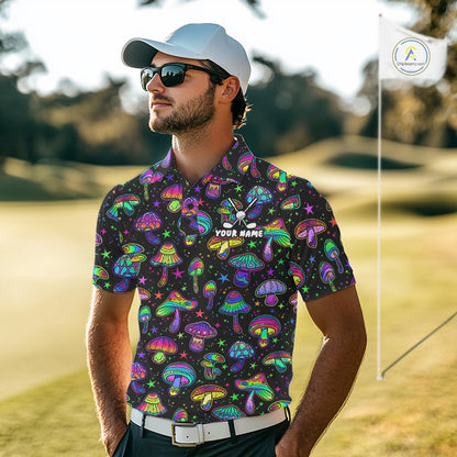 Funny Neon Mushroom Pattern Mens Golf Polo Shirt – Custom Name, Team Name For Golfer NHT889