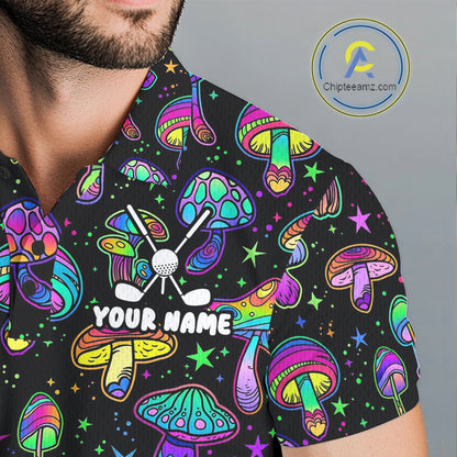 Funny Neon Mushroom Pattern Mens Golf Polo Shirt – Custom Name, Team Name For Golfer NHT889