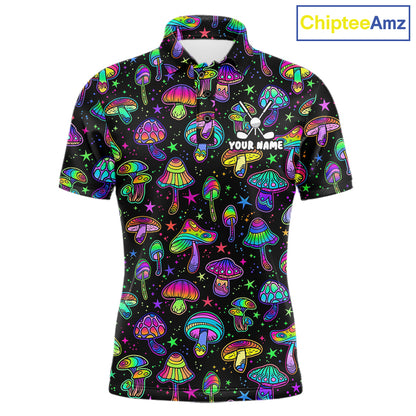 Funny Neon Mushroom Pattern Mens Golf Polo Shirt – Custom Name, Team Name For Golfer NHT889