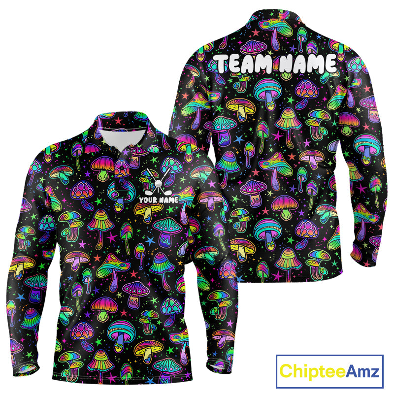 Funny Neon Mushroom Pattern Mens Golf Polo Shirt – Custom Name, Team Name For Golfer NHT889