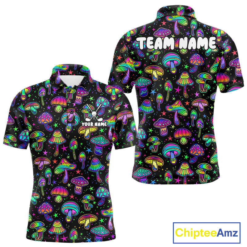 Funny Neon Mushroom Pattern Mens Golf Polo Shirt – Custom Name, Team Name For Golfer NHT889
