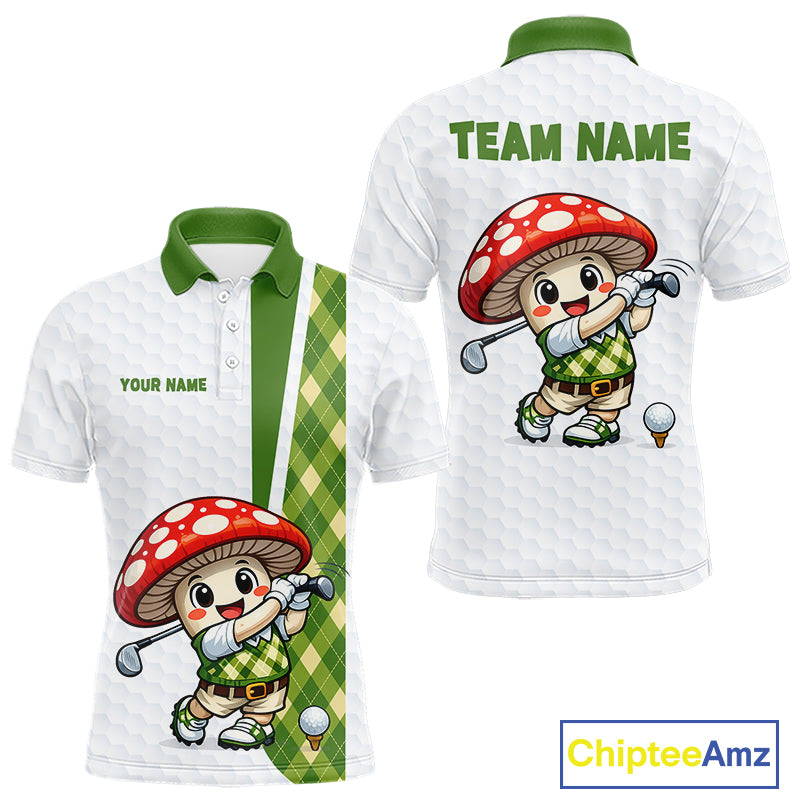 Funny Cartoon Mushroom Mens Golf Polo Shirt White Argyle Green Pattern Golf Shirt NHT890