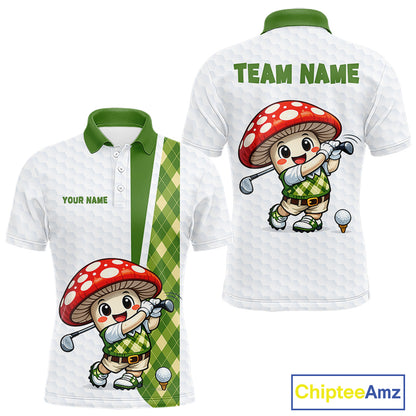 Funny Cartoon Mushroom Mens Golf Polo Shirt White Argyle Green Pattern Golf Shirt NHT890