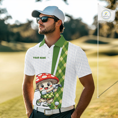 Funny Cartoon Mushroom Mens Golf Polo Shirt White Argyle Green Pattern Golf Shirt NHT890