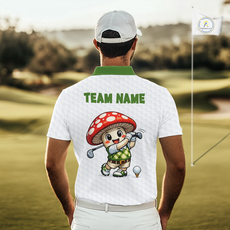 Funny Cartoon Mushroom Mens Golf Polo Shirt White Argyle Green Pattern Golf Shirt NHT890