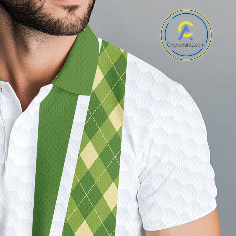 Funny Cartoon Mushroom Mens Golf Polo Shirt White Argyle Green Pattern Golf Shirt NHT890