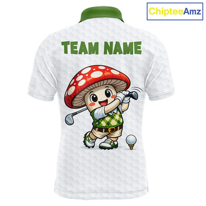 Funny Cartoon Mushroom Mens Golf Polo Shirt White Argyle Green Pattern Golf Shirt NHT890