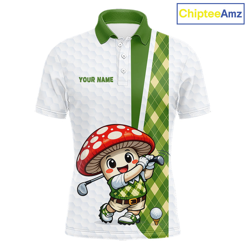 Funny Cartoon Mushroom Mens Golf Polo Shirt White Argyle Green Pattern Golf Shirt NHT890