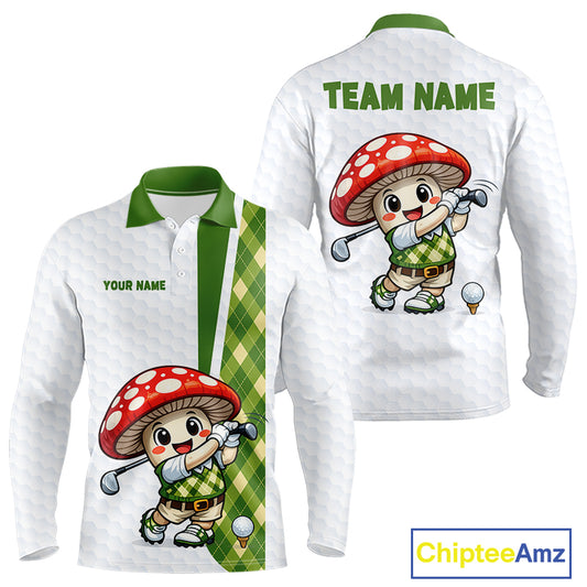 Funny Cartoon Mushroom Mens Golf Polo Shirt White Argyle Green Pattern Golf Shirt NHT890
