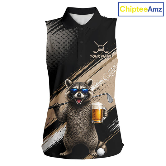 Funny Raccoon Golf Polo Shirt Custom Name Golf Beer Polo Gift For Women Black Beige Golf Jersey NHT891