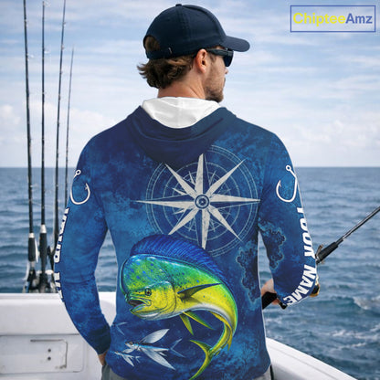 Mahi Mahi Fishing Shirt Long Sleeve Hooded Gift For Men – Deep Sea Angler Ocean Compass Design