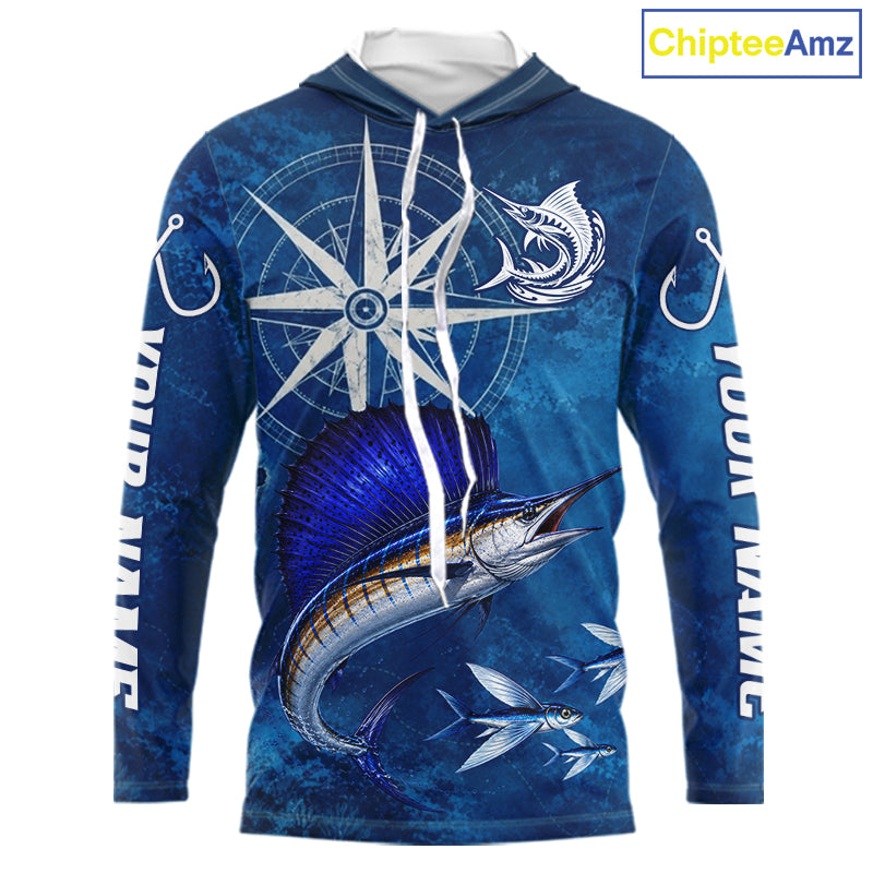 Sailfish Fishing Shirt Long Sleeve Hooded Gift For Men – Deep Sea Angler Ocean Compass Design