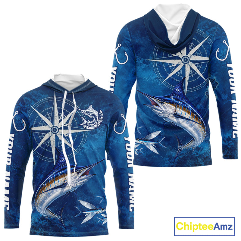 Marlin Fishing Shirt Long Sleeve Hooded Gift For Men – Deep Sea Angler Ocean Compass Design