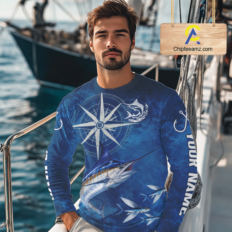 Marlin Fishing Shirt Long Sleeve Gift For Men – Deep Sea Angler Ocean Compass Design