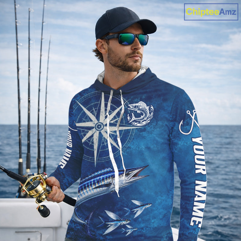Wahoo Fishing Shirt Long Sleeve Hooded Gift For Men – Deep Sea Angler Ocean Compass Design