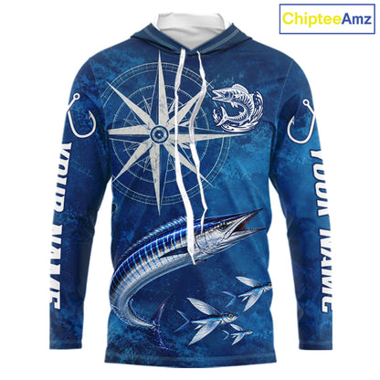 Wahoo Fishing Shirt Long Sleeve Hooded Gift For Men – Deep Sea Angler Ocean Compass Design