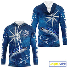Load image into Gallery viewer, Wahoo Fishing Shirt Long Sleeve Hooded Gift For Men – Deep Sea Angler Ocean Compass Design