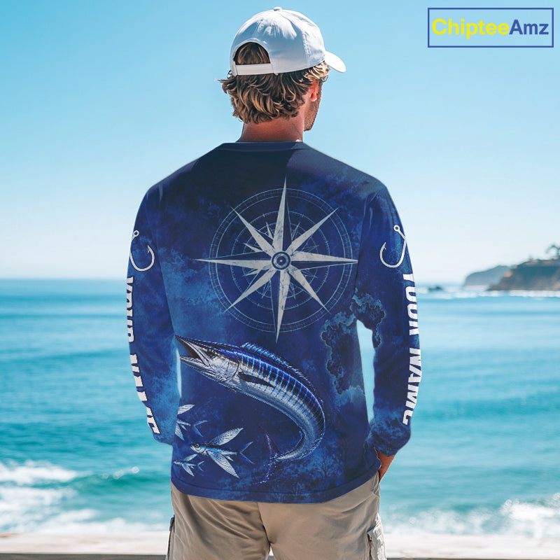 Wahoo Fishing Shirt Long Sleeve Gift For Men – Deep Sea Angler Ocean Compass Design