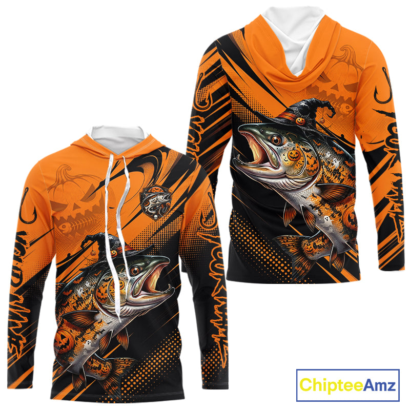 Halloween Salmon Fishing Shirt, Chinook Salmon Long Sleeve Hooded Fishing Jersey, Custom Angler Gift NHT1355