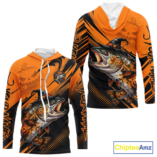 Halloween Salmon Fishing Shirt, Chinook Salmon Long Sleeve Hooded Fishing Jersey, Custom Angler Gift NHT1355