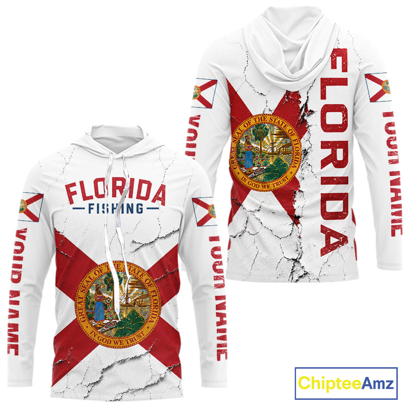 Florida Fishing Shirt Patriotic Florida Flag Long Sleeve Hooded UV Protection Fishing Jersey