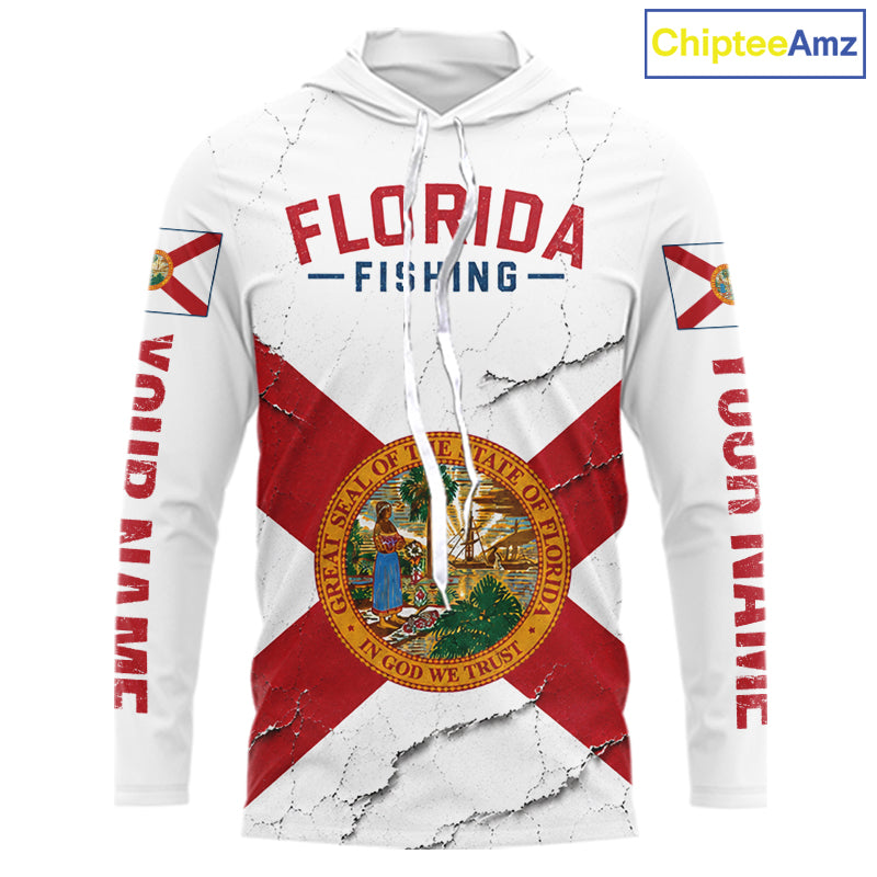 Florida Fishing Shirt Patriotic Florida Flag Long Sleeve Hooded UV Protection Fishing Jersey